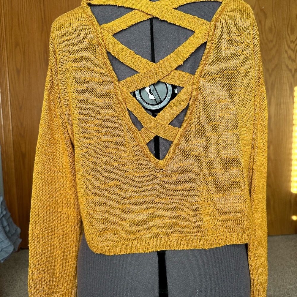 Gold Cropped loose Knit Sweater with Back V and cross design Small